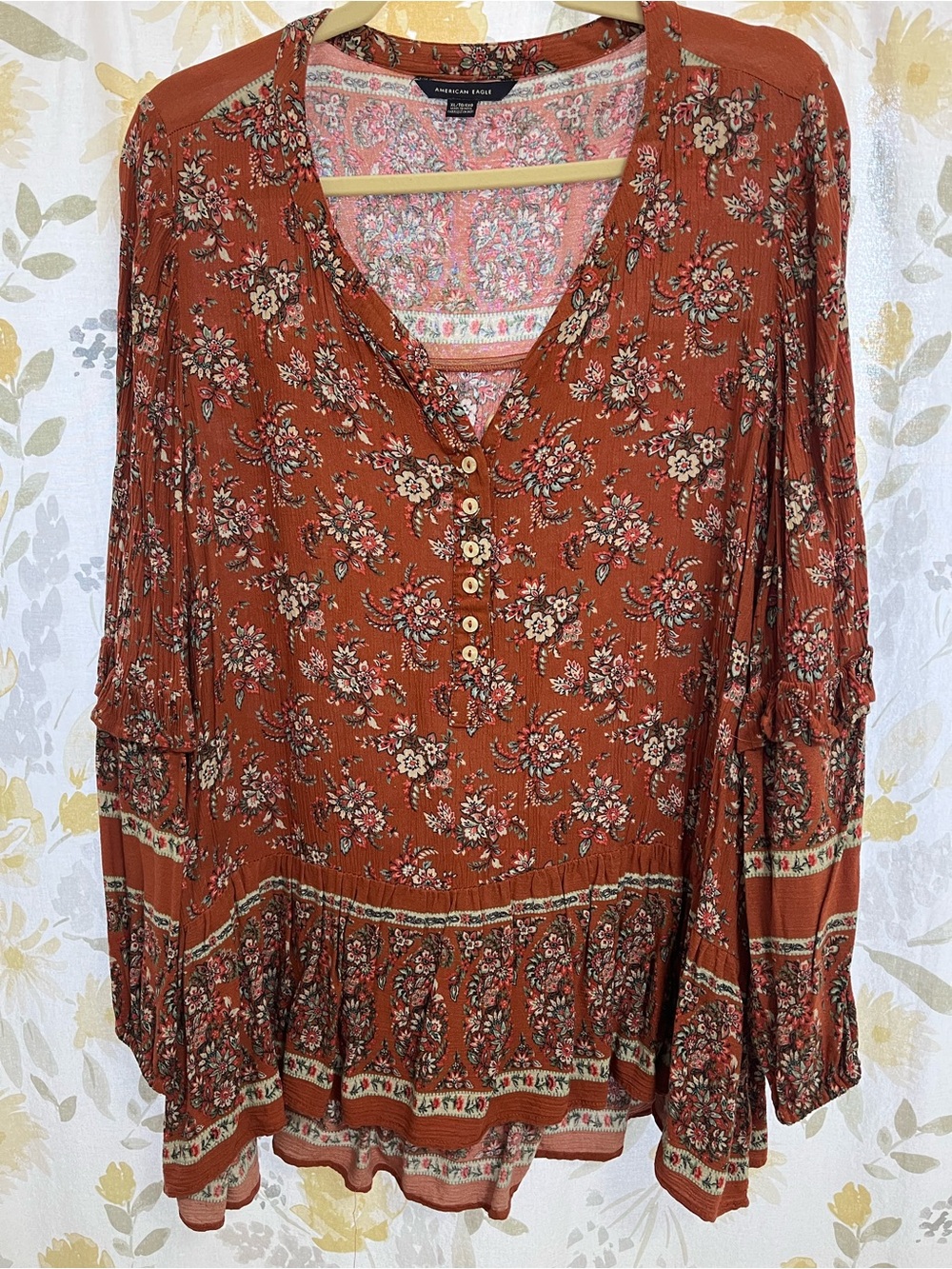 American Eagle Outfitters Rust Floral Peasant Button-Up Tunic